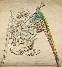 Angel with bagpipe label QS:Len,"Angel with bagpipe" label QS:Lpl,"Anioł z dudami" (Cardboard for polychrome to St. Mary's Church) watercolor on paper medium QS:P186,Q22915256;P186,Q11472,P518,Q861259 , 137 × 125 cm (53.9 × 49.2 in)