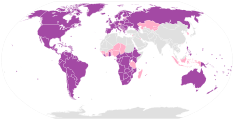 Countries with 50% or more Christians are colored purple; countries with 10% to 50% Christians are colored pink.