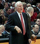 Gregg Popovich has coached the San Antonio Spurs for 28 years. Pop shouting profanity.JPG