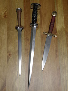 Modern reproductions of medieval daggers. From left to right: Ballock dagger, Rondel dagger, and a Quillon dagger ReproMedievalDaggers.JPG