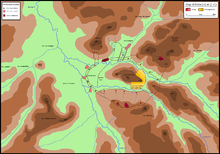 Plan où l'oppidum d'Alésia est entouré d'un double réseau de fortifications.