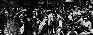 Typical Street Scene On The East Side; Police taking an arrest in front of kosher shop.- New York Tribune Sat May 17 1902.jpg