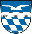 Gemeinde Herrsching a.Ammersee Geteilt durch einen silbernen Wellenbalken; oben in Blau eine fliegende silberne Möwe, unten gerautet von Weiß und Blau.