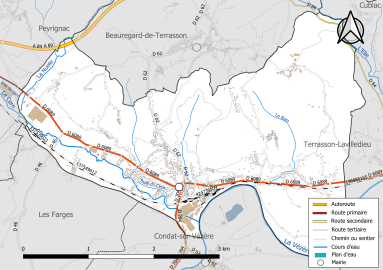 Carte en couleur présentant le réseau hydrographique de la commune