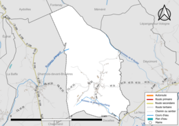 Carte en couleur présentant le réseau hydrographique de la commune