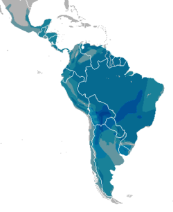 Área de dispersión do xénero Leopardus Nota: este mapa deriva dos mapas de distribución da cada unha das especies, que se configuraron para "superpoñerse", de xeito que as tonalidades máis escuras indican as áreas de maior diversidade.