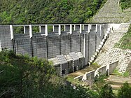 流水型（穴あき）ダムである益田川ダム（益田川）上流面。手前の柵で流木などを捕捉する。2005年完成。