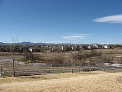 Houses in Westminster with the Front Range in the background.