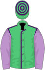 Emerald green, purple seams, mauve sleeves, emerald green and purple hooped cap