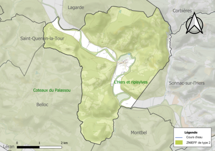 Carte des ZNIEFF de type 2 sur la commune.