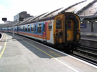 Class 412 4BEP no. 2325, departing London Waterloo on 15 August 2003. This unit was reformed in 2002, with the addition of a buffet car. It was withdrawn by South West Trains later in 2003, and is now preserved at the Epping Ongar Railway.