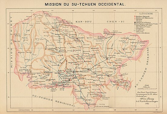 Shunqing Diocese was part of the Western Szechwan Mission; map prepared by Adrien Launay [fr], 1889.
