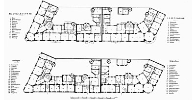 Till vänster planritningar från tiden kring 1890 och till höger fasadvy från Södra Djurgården år 2007.