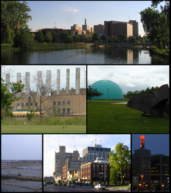 Top: Skyline as seen from the Flint River. Middle: GM Powertrain, Longway Planetarium. Bottom: Former site of Buick City, South Saginaw St., Citizens Bank Weatherball.