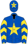 Royal blue, yellow star, chevrons on sleeves, royal blue cap, yellow star