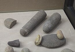 Pilons, meule, molettes, fragment de polissoir, El-Wad, Natoufien récent. Musée d'archéologie nationale.