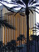 Ground-level view of a V-shaped, 45-story building with a golden, all-glass facade; a palm tree is visible in the foreground, and it partially blocks the view of the skyscraper.