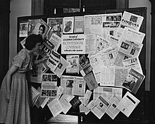 A bulletin board in Butler Library showing examples of bicentennial coverage in the United States and twelve other countries BicentennialBoard.jpg