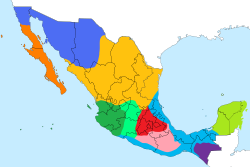 10 varieties of Mexican Spanish.
.mw-parser-output .legend{page-break-inside:avoid;break-inside:avoid-column}.mw-parser-output .legend-color{display:inline-block;min-width:1.25em;height:1.25em;line-height:1.25;margin:1px 0;text-align:center;border:1px solid black;background-color:transparent;color:black}.mw-parser-output .legend-text{}
Norteno del (Nor-)este (eastern northern variant)
Norteno del (Nor-)oeste (western northern variant)
Bajacaliforniense (peninsular northern variant)
Occidental (western variant)
Bajio (lowlands variant)
Altiplano (central variant)
Sureno Central (central southern variant)
Costeno (coastal variant)
Chiapaneco (south-eastern variant, similar to Central American Spanish)
Yucateco (eastern variant) Espanol Mexicano.svg