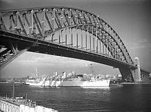 P&O's Strathaird, the first ship to operate an Australian cruise starting in 1932 beneath the Sydney Harbour Bridge RMS Strathaird.jpg