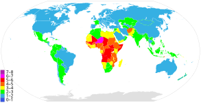 Тотален коефициент на плодовитост в страните по света през 2017 г. (данни на CIA World Factbook)