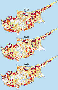 터키계 키프로스인의 분포도 (1891, 1911, 1931)