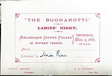 Original copy of "The Buonarotti" Ladies Night guest entry card made out to Miss (Iso) Rae. Mason Firth & McCutcheon. Printers, Melbourne 1885. Private Collection Buonarotti Card.jpg