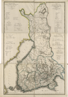 A map from 1825 illustrates the Grand Duchy of Finland, then part of the Russian Empire. The map has several creases from folding. Place names and legend are written in Russian Cyrillic script and Swedish.