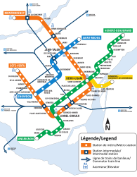 Offizieller Netzplan der Metro Montreal (2016), der weitgehend den Prinzipien von Harry Beck folgt, jedoch vereinzelte Brüche damit aufweist