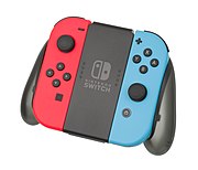 Joy-Con màu đỏ và xanh lam có rãnh trên chuôi sạc, tạo ra tỷ lệ chung cho một tay cầm điều khiển tiêu chuẩn