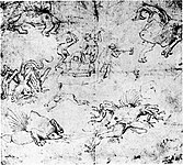 front: Przypisywany Hieronymus Bosch. Monsters. 1465-1516. brązowy rysunek piórem na papierze. 15,6 × 17,6 cm. Berlëno, Kupferstichkabinett.