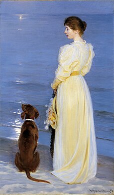 Sera d'estate a Skagen. La moglie dell'artista col cane sulla riva, 1892