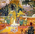 Tableau très coloré avec au premier plan une terrasse, un personnage assis, des chatons, des plantes en pot ; au-delà, les éléments du paysage ne sont pas tous distincts