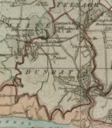 Bunratty Parish in 1842. The castle is in the southeast of the parish, and the Catholic chapel (the still existing Our Lady Of The Wells Church) is in the north. Bunratty Parish 1842.png