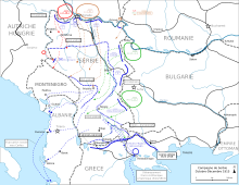 Carte montrant les opérations militaires dans les Balkans au début de la Première Guerre mondiale.