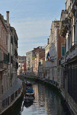 The morning sun on the Rio Marin' canal in Venice