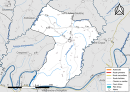 Carte en couleur présentant le réseau hydrographique de la commune