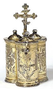 Chrismatory for ritual oil from Germany, 1636 (silver-gilt, Victoria and Albert Museum, London) Chrismatory.jpg