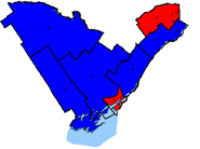 Map of the region's ridings in 2004. Colours show the result from the 2004 election