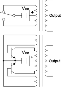 Top: Simple inverter circuit shown with an electromechanical switch and automatic equivalent auto-switching device implemented with two transistors and split winding auto-transformer in place of the mechanical switch. Inverter ckt 01cjc.png