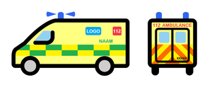 Ambulances in de DGH: (1) gele basiskleur (2) groen-geel battenburgpatroon op de zijkanten (3) naam en eventueel logo van de dienst op de zijkanten (4) logo van het noodnummer 112 op de zijkanten (5) oranje-geel visgraatpatroon op de achterkant (6) aanduiding "112 AMBULANCE" op voor- en achterkant (7) uniek vijfcijferig identificatienummer op de achterkant (8) prioritaire signalen (blauwe knipperlichten en sirene)