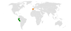 Map indicating locations of Peru and Spain