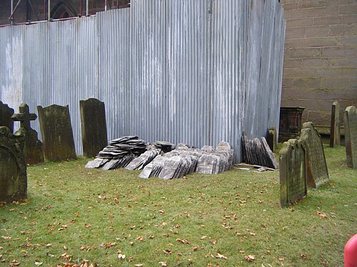 Roof tiles in the churchyard of St Mary and St Chad's Church, Brewood