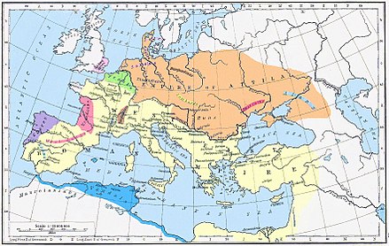 A colored drawing of Europe in 450 AD, showing the borders of states at the time of Attila by different colors, with the Roman Empire in yellow, the Hunnic Confederation in orange, the Vandal Kingdom in blue, the Franks in green, the Goths in pink, the Sueves in purple, the Saxons in light pink, the Burgundians in brown, the Lombards in bright yellow, and the Alans in light blue. This Conflict with the Huns see TP's factual accuracy is disputed. Relevant discussion may be found on the talk page. Please help to ensure that disputed statements are reliably sourced. (Learn how and when to remove this message)