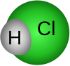 Space-filling model of hydrogen chloride with atom symbols