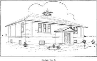 Drawing of school plan from 1915-1916 Annual Report of the Superintendent of Public Instruction of the State of Michigan MichiganRuralSchoolPlan9.png