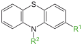 de: Struktur des Phenothiazin-Ringsystems, farbig; en: Structure of the phenothiazine ring system, coloured