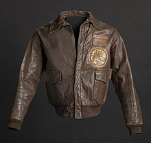 photo of a leather jacket worn by Woodrow Crockett as a member of the Tuskegee Airmen.