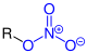 Allgemeine Struktur des Salpetersäureesters mit der blaumarkierte Salpetersäureester-(Nitrat-)Gruppe