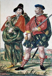 Woman with baby, in tartan dress, man in tartan kilt and red coat, blue bonnet